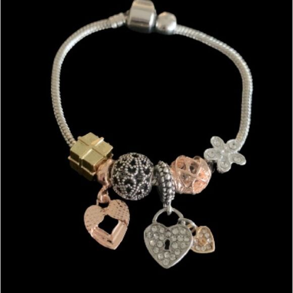 Mixed Metal Tone Charm Bracelet with Heart, Flower & Bead Charms - Picture 1 of 9
